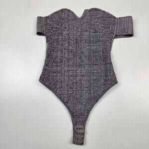 Le ORE Bodysuit Womens Medium Gray Chocolate/Mink Marl Off Shoulder Ribbed Thong